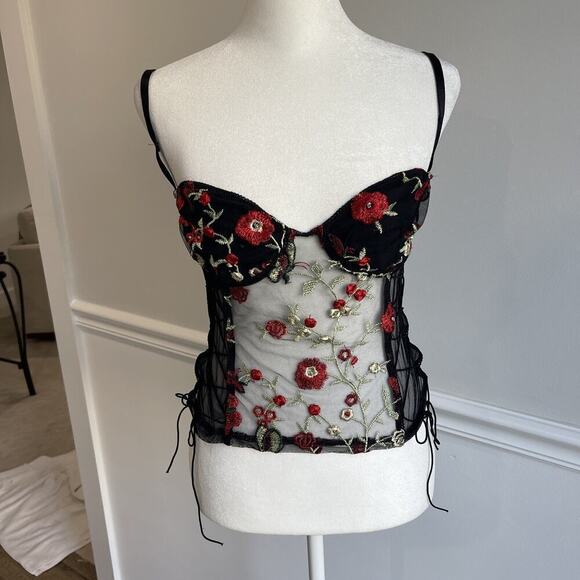 8 Birdies Tops - Women Size M Sheer Tank Mesh Roses Black Goth Whimsigoth Embroidered Lingerie